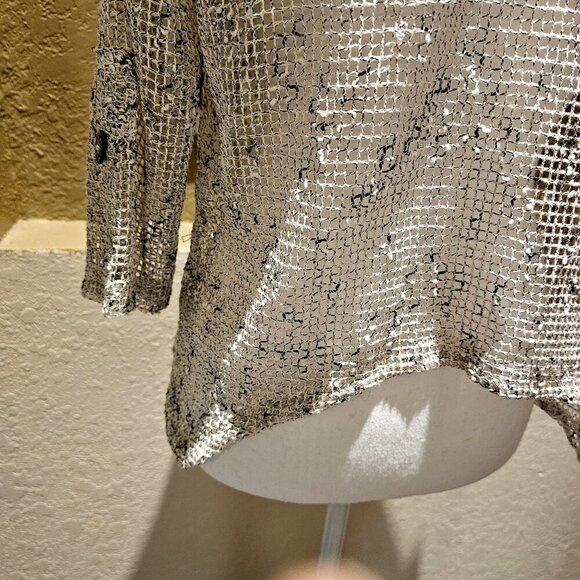 Nina Leonard Black Flecks & Cream Crochet Cardigan  Natural Wooden Buttons M - Picture 7 of 11